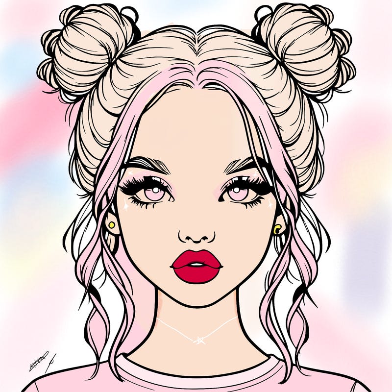realistic girl with two buns in hair and lips