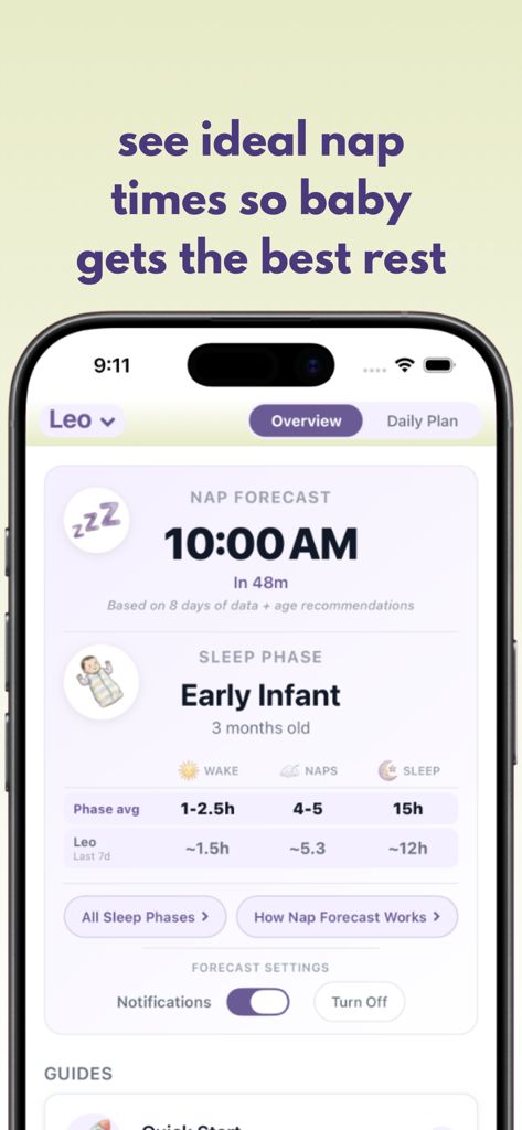 Sonito: Baby Sleep Tracker - Aplicativo rastreador de sonecas do bebê Sonito mostrando previsão de sonecas e insights de fases de sono para um bebê