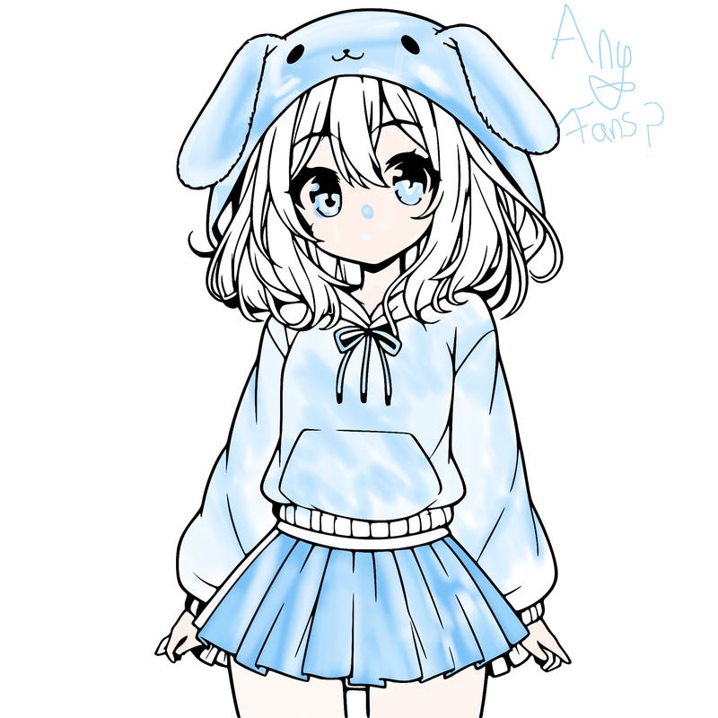 pretty anime girl wearing a fluffy hoodie with bunny ears on the hood and a skirt
