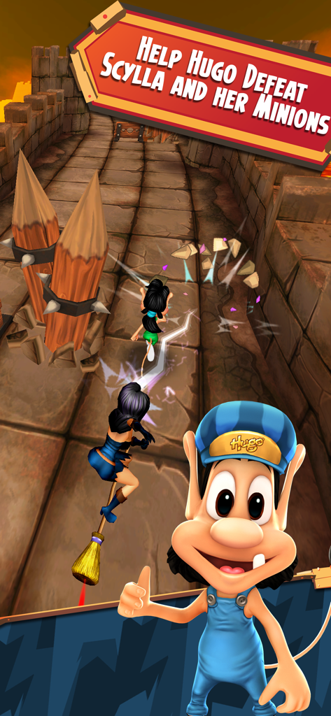 Hugo the troll giving a thumbs up in front of a gameplay scene showing a character on a broom