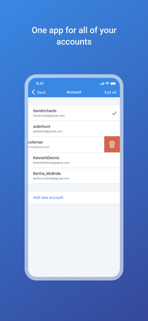 Interface of the Digistore24 app showing the account management screen with multiple profiles
