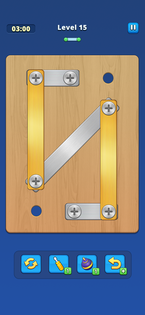 Jogo de Take Off Bolts Screw Puzzle mostrando um nível com placas de metal e parafusos em uma tábua de madeira