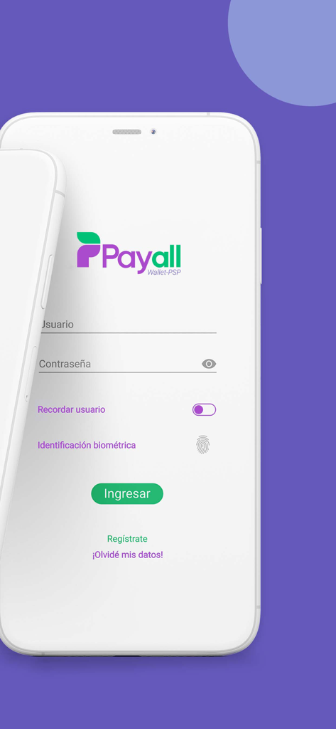 Payall - Pantalla de inicio de sesión de la aplicación móvil Payall con campos de entrada de nombre de usuario y contraseña