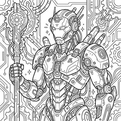 Explore a complex world of gears and circuits with this stunning robot and cyborg coloring page. Perfect for fans of science fiction, this intricate design promises hours of engaging artistic fun.