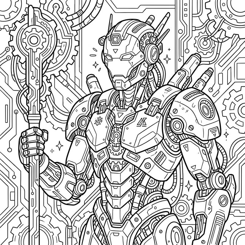 Explore a complex world of gears and circuits with this stunning robot and cyborg coloring page. Perfect for fans of science fiction, this intricate design promises hours of engaging artistic fun.