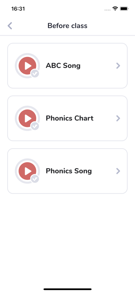 J PREP Friends - Educational interface of J PREP Friends showing pre-class phonics and ABC song lessons