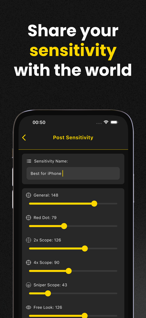 Sensi Master - Écran de l'application mobile Sensi Master pour partager des paramètres de sensibilité de jeu personnalisés avec des curseurs pour la lunette et les contrôles généraux
