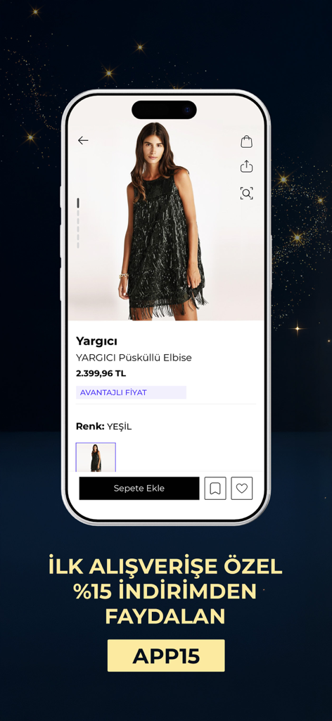 FashFed – Online Alışveriş - Screenshot der FashFed App, die ein schwarzes Kleid von Yargici mit Fransen und einem Rabatt von 15 Prozent für Erstkäufer zeigt