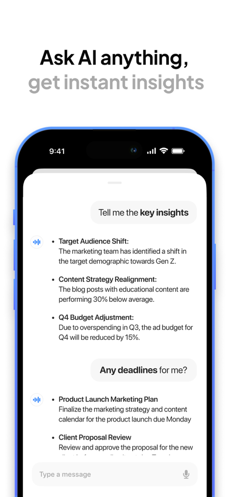 Mobile app interface showing a chat with AI to extract key meeting insights and project deadlines from speech.