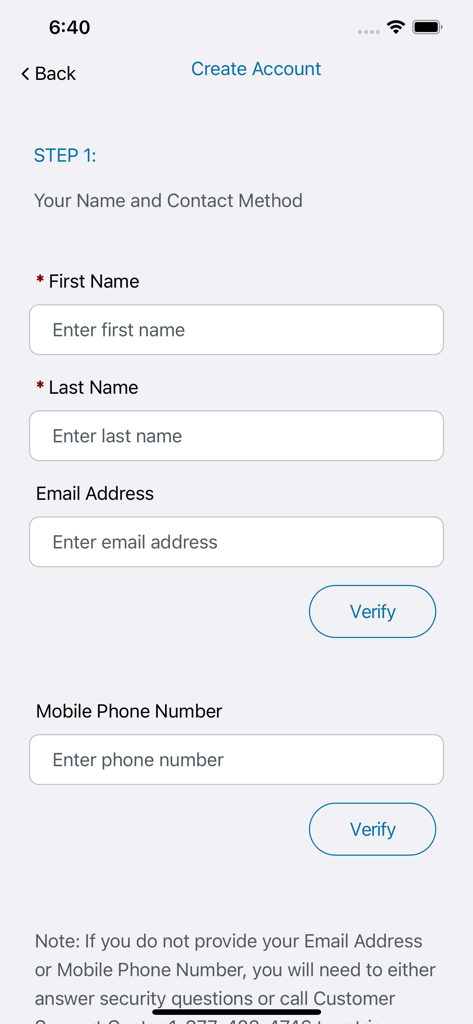Step 1 of the GA Gateway app account creation process showing fields for name and contact information.