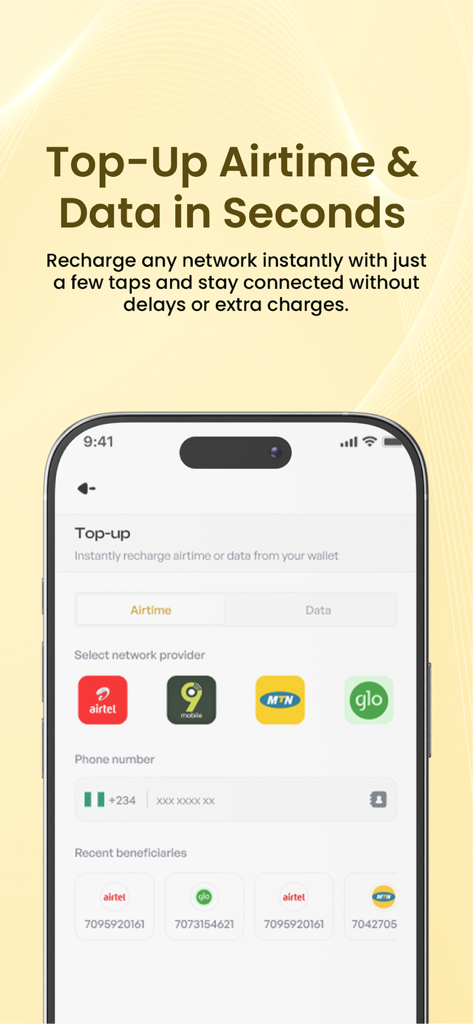 Interfaz de la aplicación móvil SpaceTrade para recargar tiempo aire y datos en múltiples redes