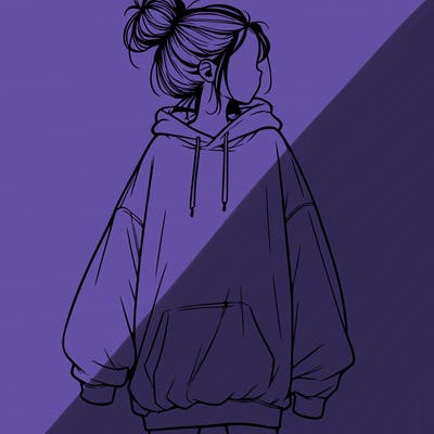realistic girl with a oversized sweatshirt on and a bun