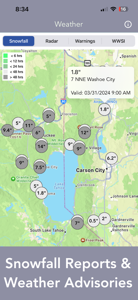 Map of Nevada 511 app displaying snowfall reports and weather advisories around Lake Tahoe