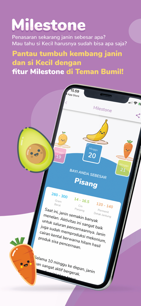 Teman Bumil app milestone screen showing fetal growth tracking and size comparison with a banana at week 20
