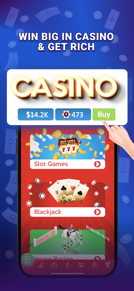Business Tycoon: Idle Clicker - Screenshot of the casino mini games in Business Tycoon including slot games blackjack and horse racing