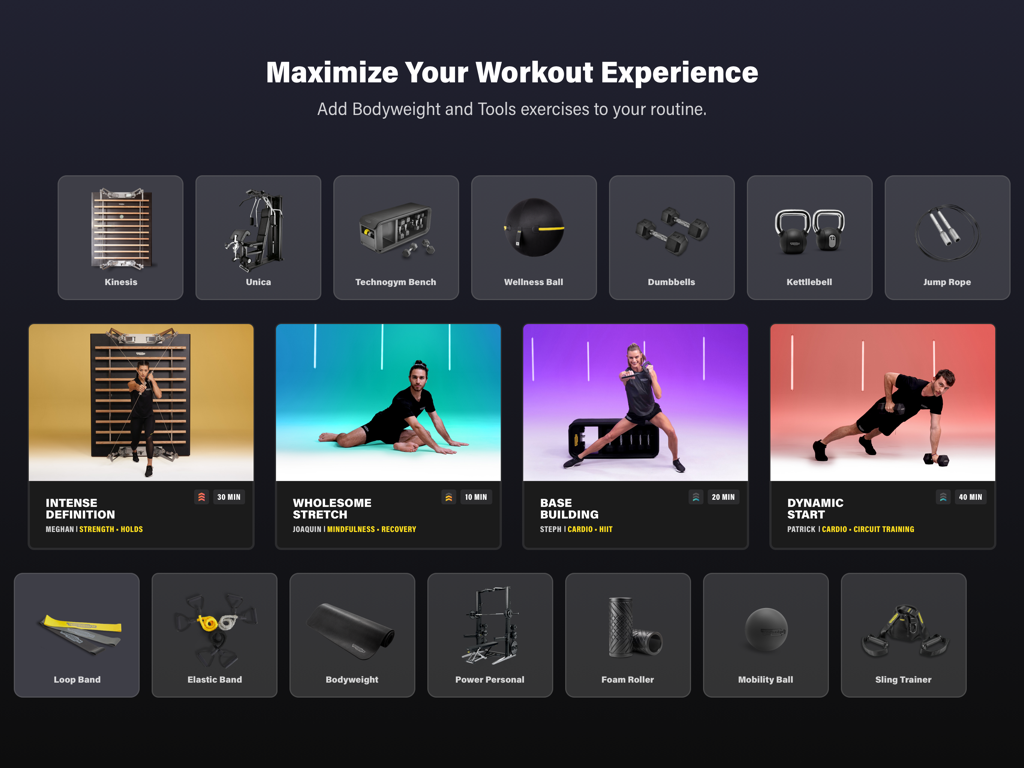 Technogym Live - Technogym Live app interface showing a selection of fitness equipment and trainer-led workout routines