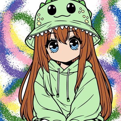 girl with anime shaped eyes with a dinosaur bucket hat oversized sweatshirt long straight hair