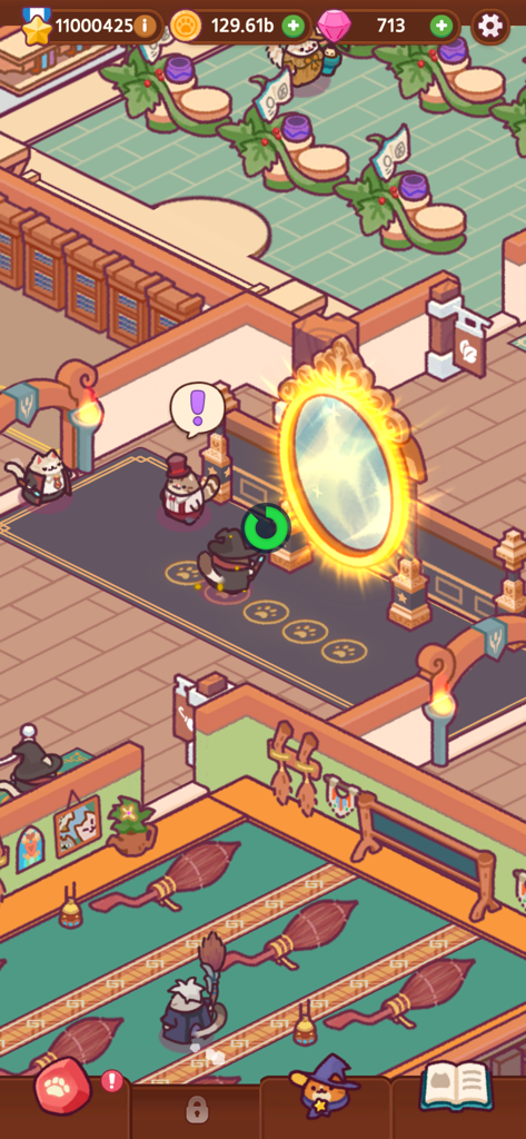 Cat Magic School : Cute Tycoon - Cats dressed as wizards standing in front of a large glowing magic mirror in a classroom