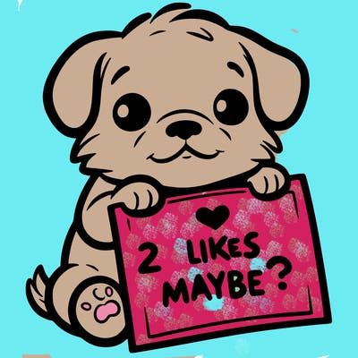 a puppy holding a sign that says 2 likes maybe?