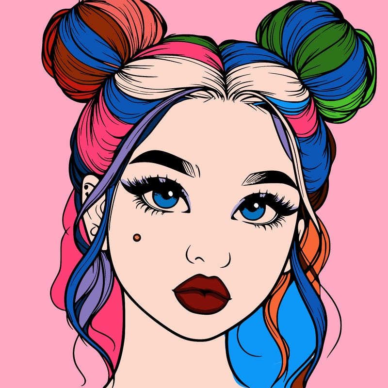 realistic girl with two buns on her hair and lips