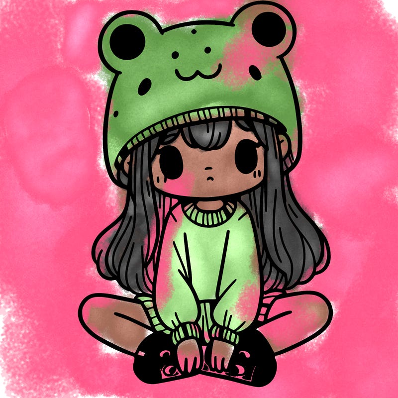 a girl wearing a frog hat and some frog socks