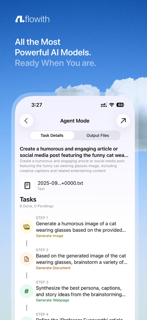 L'interface de l'application Flowith affichant le mode agent IA avec une séquence de tâches de création de contenu.