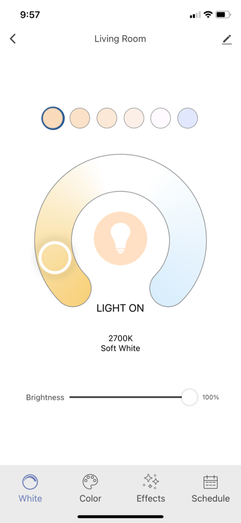 Smartphone interface of SYLVANIA Smart WiFi app showing living room light brightness and color temperature settings.
