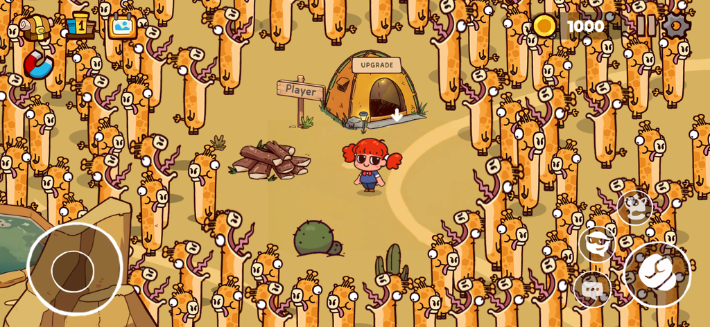 Animal Voice Fun Game - 업그레이드 텐트 근처에서 웃긴 비명을 지르는 수많은 기린에 둘러싸인 캐릭터를 보여주는 동물 목소리 재미 게임의 만화 게임 플레이 화면