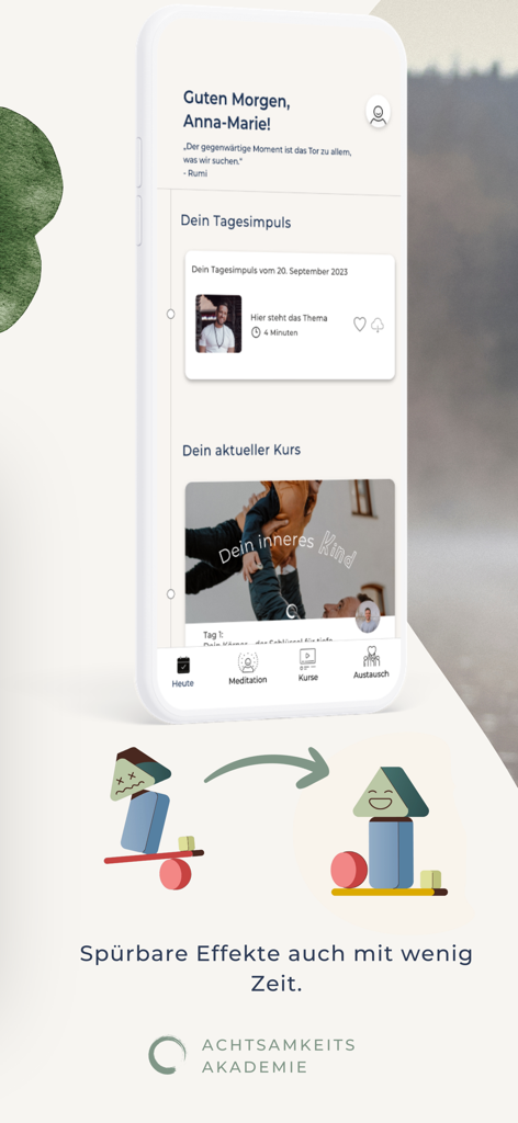 Achtsamkeitsakademie - Achtsamkeitsakademie App-Oberfläche mit täglichen Achtsamkeitsimpulsen und einer Illustration des emotionalen Gleichgewichts.