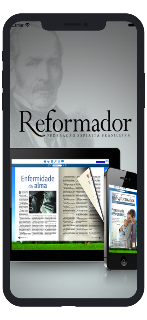 La aplicación Revista Reformador mostrando artículos de revistas digitales en una tableta y un smartphone con un retrato de Allan Kardec de fondo