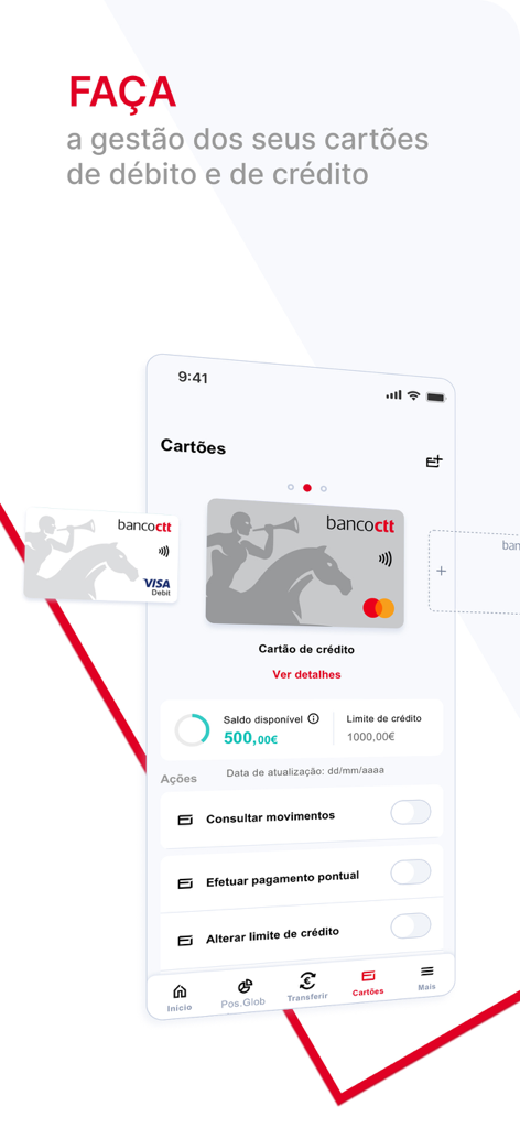 Pantalla de la aplicación móvil de Banco CTT para gestionar tarjetas de débito y crédito con detalles de saldo y límite de crédito.