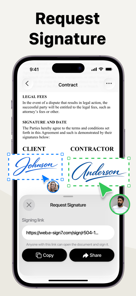 Signature: Fill and Sign PDF - Mobile app interface showing how to request signatures on a digital contract using a shareable link.