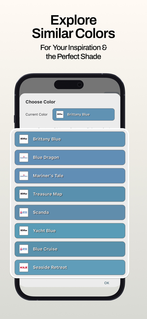 Interface de l'application mobile affichant une liste de couleurs de peinture bleues similaires de marques comme Behr et Benjamin Moore