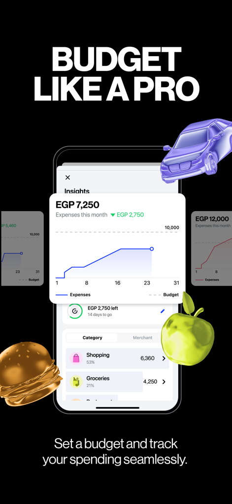 Telda - Ein Smartphone-Bildschirm, der die Budget-Tracking- und Ausgabenübersichts-Oberfläche der Telda-App mit bunten 3D-Symbolen anzeigt
