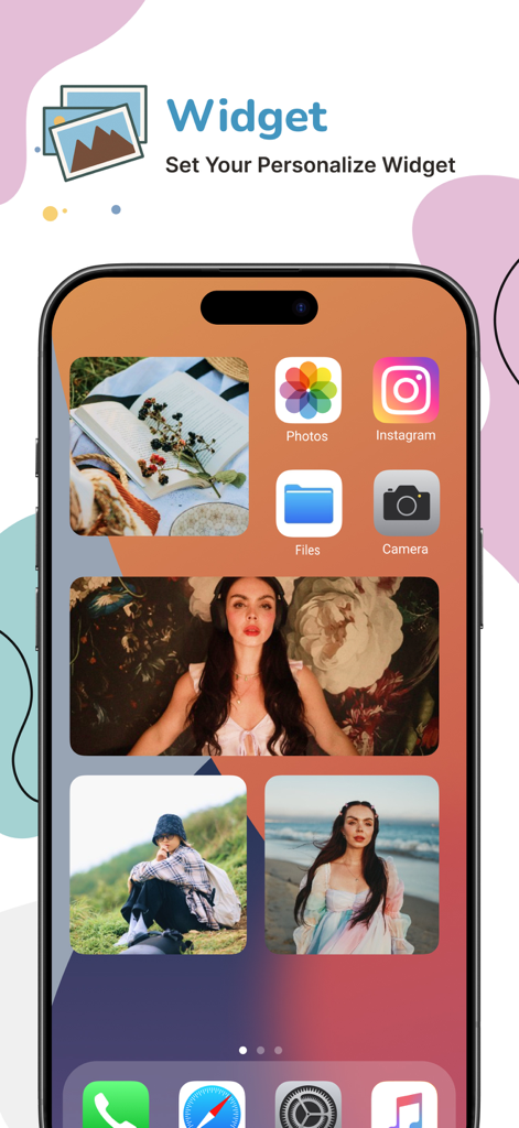 iPhone home screen displaying aesthetic photo widgets from the Gallery app