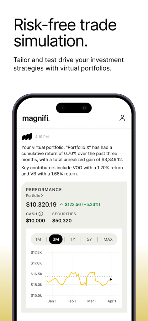 Magnifi: Invest with AI - Magnifi app interface showing risk free trade simulation and virtual portfolio performance tracking