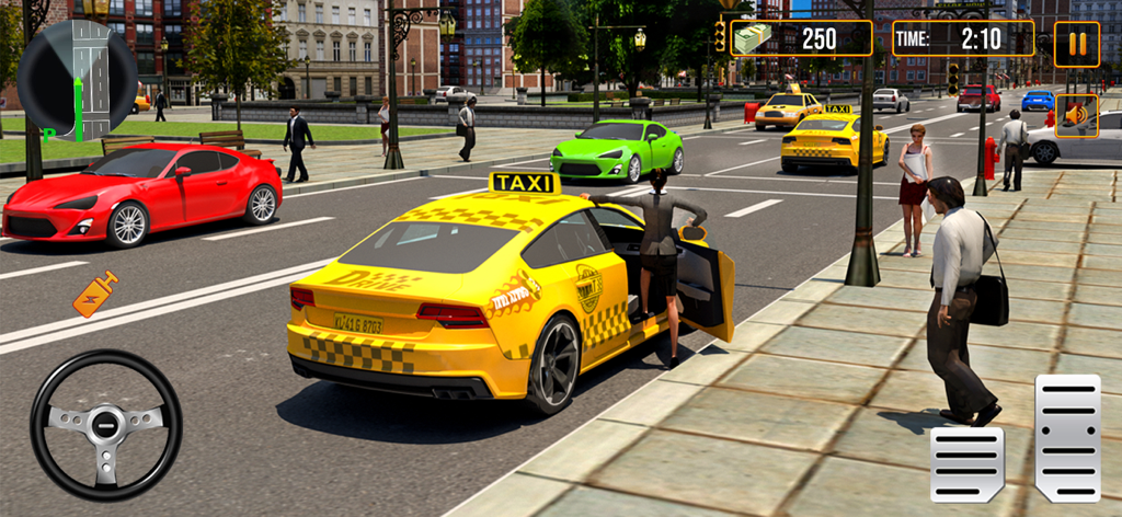 Extreme Taxi Car Driving game - A yellow taxi picking up a passenger in a 3D city environment with game controls displayed on screen