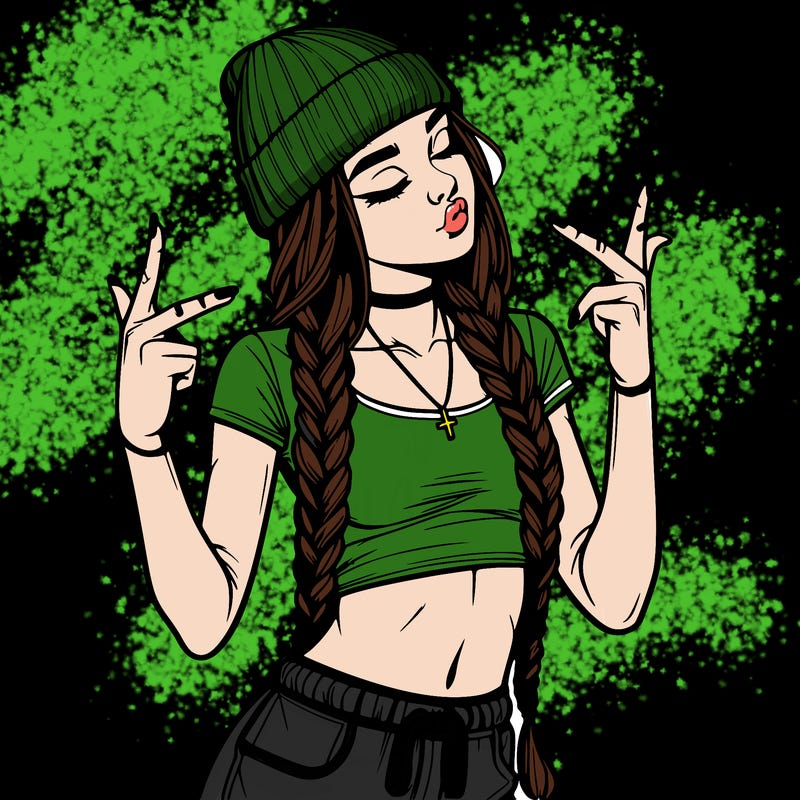 realistic teenage girl with braids and a beanie and crop top doing 🫶🏼