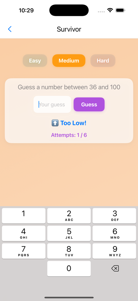 Interfaz del modo Superviviente del juego de adivinar números Mayor o Menor.