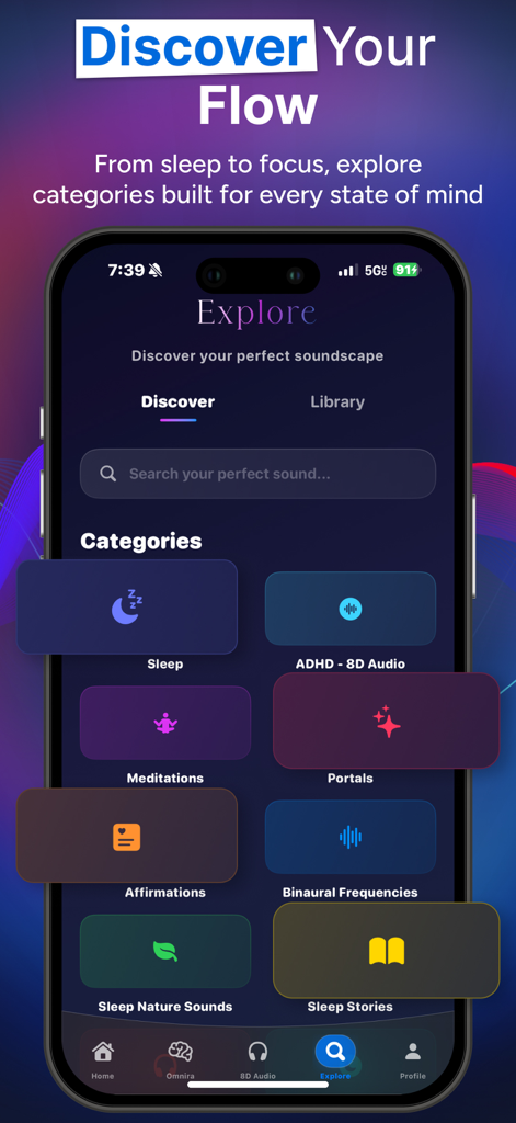 Omnira: Focus & Sleep Sounds - Omnira app explore screen showing soundscape categories for sleep focus and ADHD