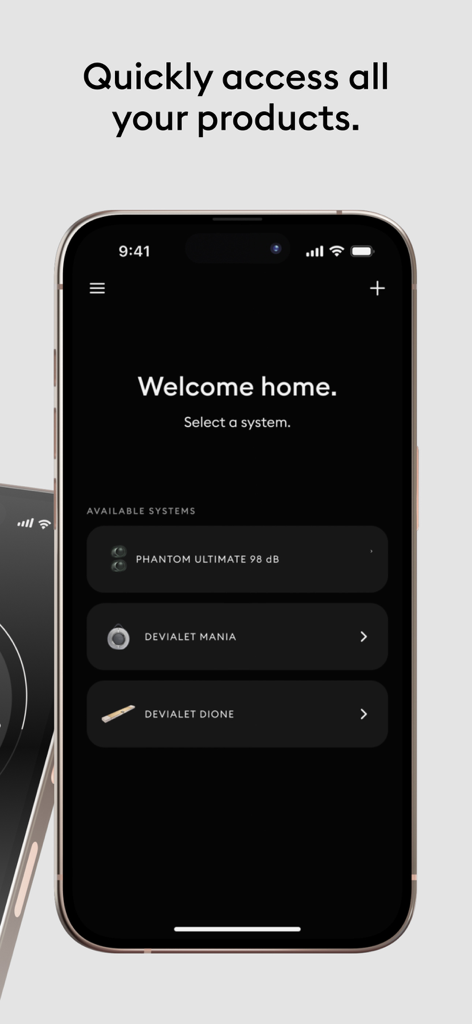 Devialet - Devialet app welcome screen displaying a list of available audio systems like Phantom and Dione
