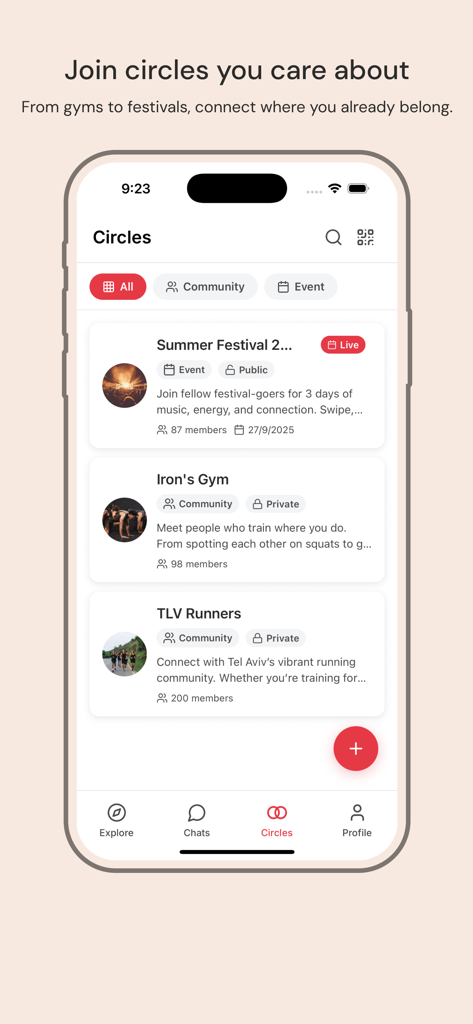 A list of community circles in the Circlez Dating app including fitness groups and local events
