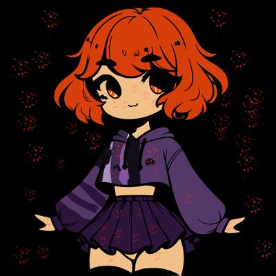 cute femboy with short, fluffy hair that softly frames their face, wearing a cropped hoodie, paired with a flouncy short skirt, and thigh-high stockings