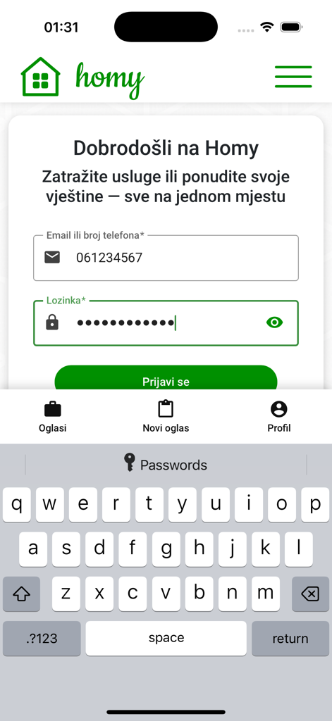 Homy.ba - Login screen for the Homy.ba app featuring email and password entry fields and a green sign-in button.