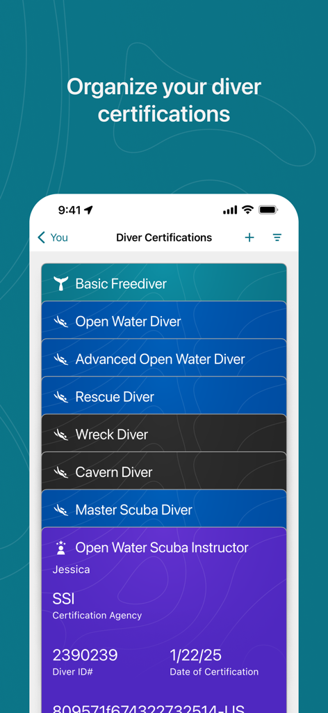 Screen of the Garmin Dive app showing a list of organized scuba diving and freediving certifications.