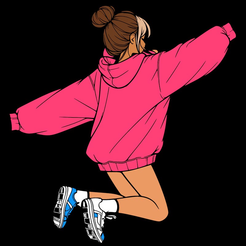 realistic girl jumping with a bun and oversized sweatshirt