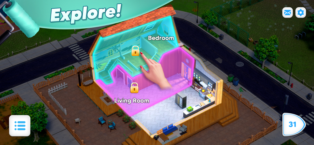 Gameplay screenshot of Modern Community showing a house cross section with locked bedroom and living room areas to explore and renovate