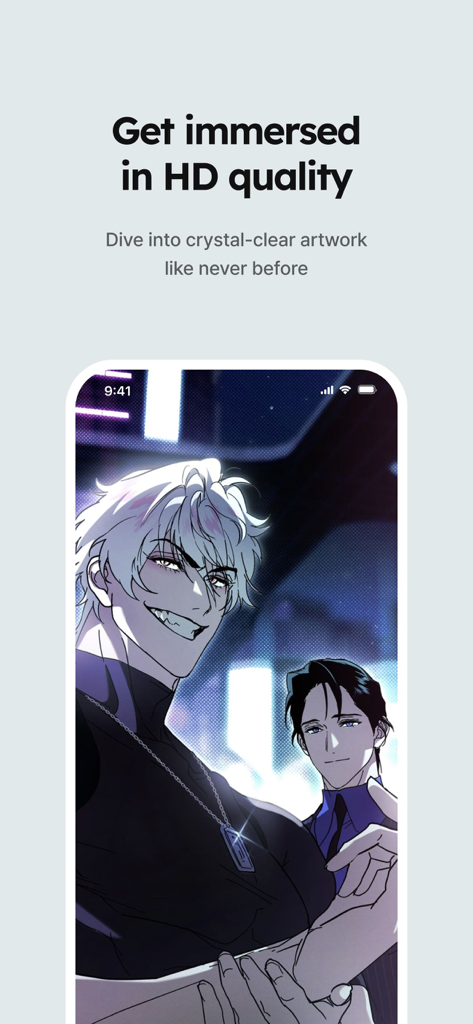 A screenshot of the Tappytoon app showcasing high-definition manhwa artwork and HD quality reading features.