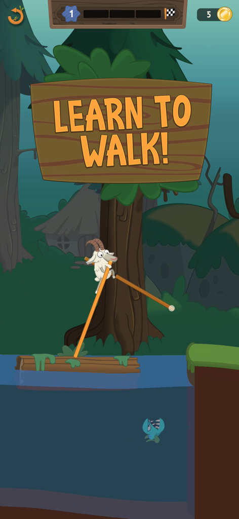 Walk Master - Una cabra de dibujos animados equilibrándose sobre zancos sobre un tronco en un entorno boscoso con un cartel que dice 'Aprende a caminar'.