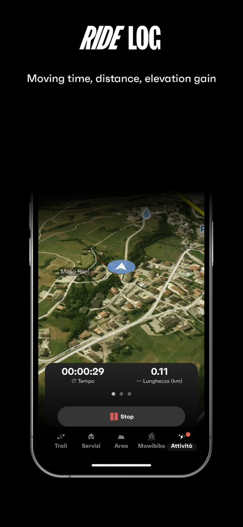 MowiBike - Captura de tela do aplicativo MowiBike mostrando o recurso Ride Log com um mapa de satélite 3D rastreando a distância e o tempo da pedalada de mountain bike.